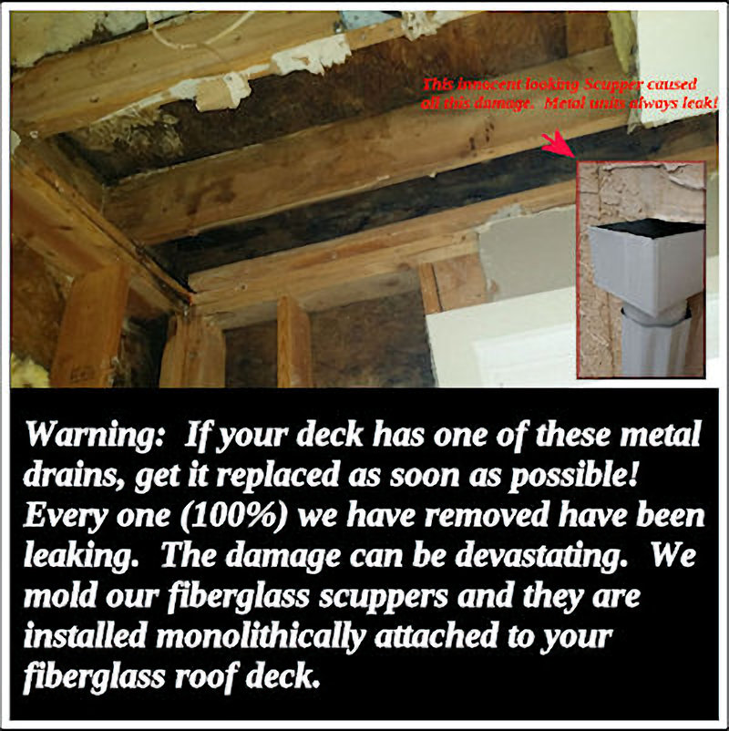 Failing sheet metal scupper box with split solder seams on Philadelphia flat roof deck
